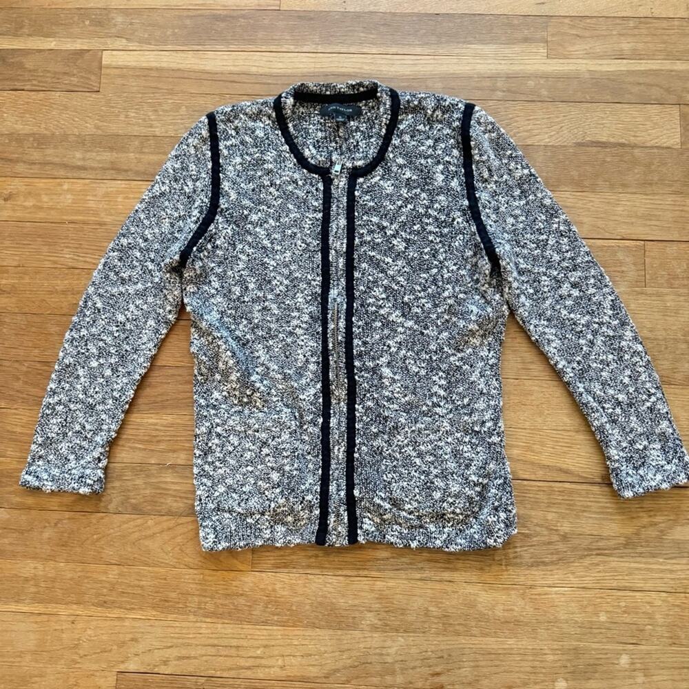 Ann Taylor black white popcorn knit zip front sweater shirt top sz small S
b36